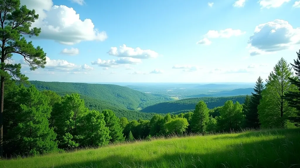 Gražus peizažas iš miško kalvos, žalia lyguma apačioje, medžiai horizonte, mėlynas dangus su šviesiomis debesimis